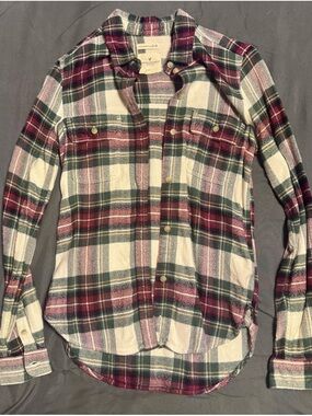 American Eagle Plaid Button-Up Shirt — Cream, Green & Burgundy